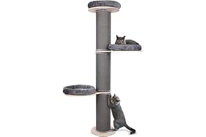 PET VIOLET Kratzbaum wandmontiert 185 cm hoch, XXL Katzenbaum Premium Sisal Säulen, 3 Plattformen Kissen abnehmbar & waschbar I Stabiler & Platzsparender Katzenkratzbaum, Grau