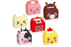 COSFAN Paquete de 12 cajas de regalo de fiesta de animales de granja, cajas de golosinas de animales de corral con asa, cajas de regalo de fiesta con estampado de pollito de vaca para cumpleaños