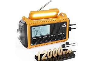 ROCAM Emergency Radio with SOS Alarm, 12000mAh Rechargeable Battery Radio, Wind Up Solar Radio with AM/FM/SW, Hand Crank Radio, Wind Up Torch, Type-c Charger, Headphone Jack, IPX6 Waterproof