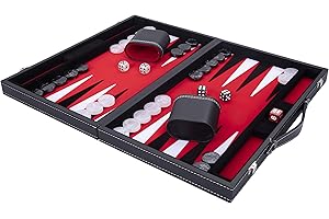 Engelhart - Backgammon di Lusso 38 cm -Materiali di Alta qualità -Pelle Similpelle, intarsio Speciale in Feltro - Dadi e gettoni perlati + 2 Tazze - PRO. e Tempo Libero (Rosso)