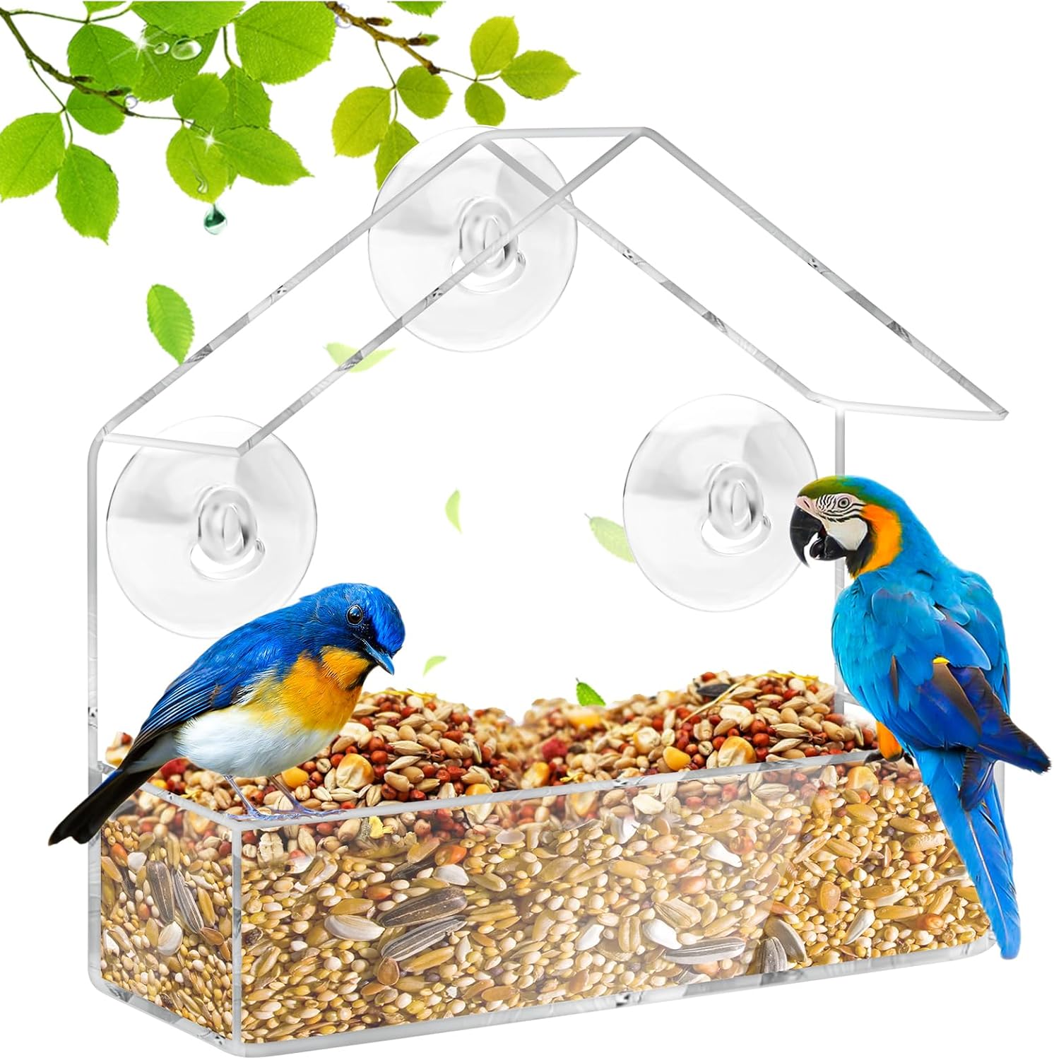 HGRGHH Comedero para Pájaros Acrílico, Comedero Pajaros Transparente, Comedero para Pájaros con 3 Ventosas, Comedero Pajaros Colgante para Jardín Pájaros Silvestres 15,5 x 15 x 6cm