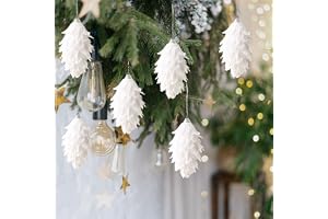 HERZONE 6 st julhängare, vita glitter, tallkottar, julgranskulor med tråd, plast för julgran (vit (blomma, 6 st))