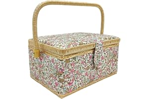 JYC CREATIVE Boîte à couture en bois doublée en tissu avec 8 compartiments, organiseur à épingles et boîte de rangement avec poignée et plateau (Flower, Medium)