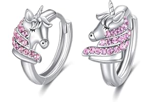 AOBOCO Kolczyki dla dzieci z jednorożcem, srebro wysokiej próby 925, kolczyki kreolskie z różowymi kryształami, biżuteria z jednorożcem, prezent urodzinowy