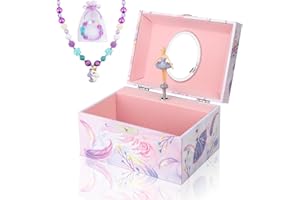 Homtibrm Musical Jewellery Box for Girls with Unicorn Jewelry Set, Kids Jewellery Box Music Box with Spinning Ballerina Birthday Gifts for Girls, Ballerina Swan Lake Tune