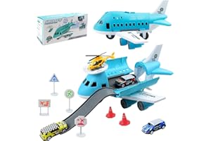 COSAWAY Transport Airplane Cargo Plane Car Kids Toys Set with 3pcs Small City Cars, 1pcs Helicopter Toy and 6pcs DIY Traffic Signs Gift Toys for Boys Girls 3+ Years Old