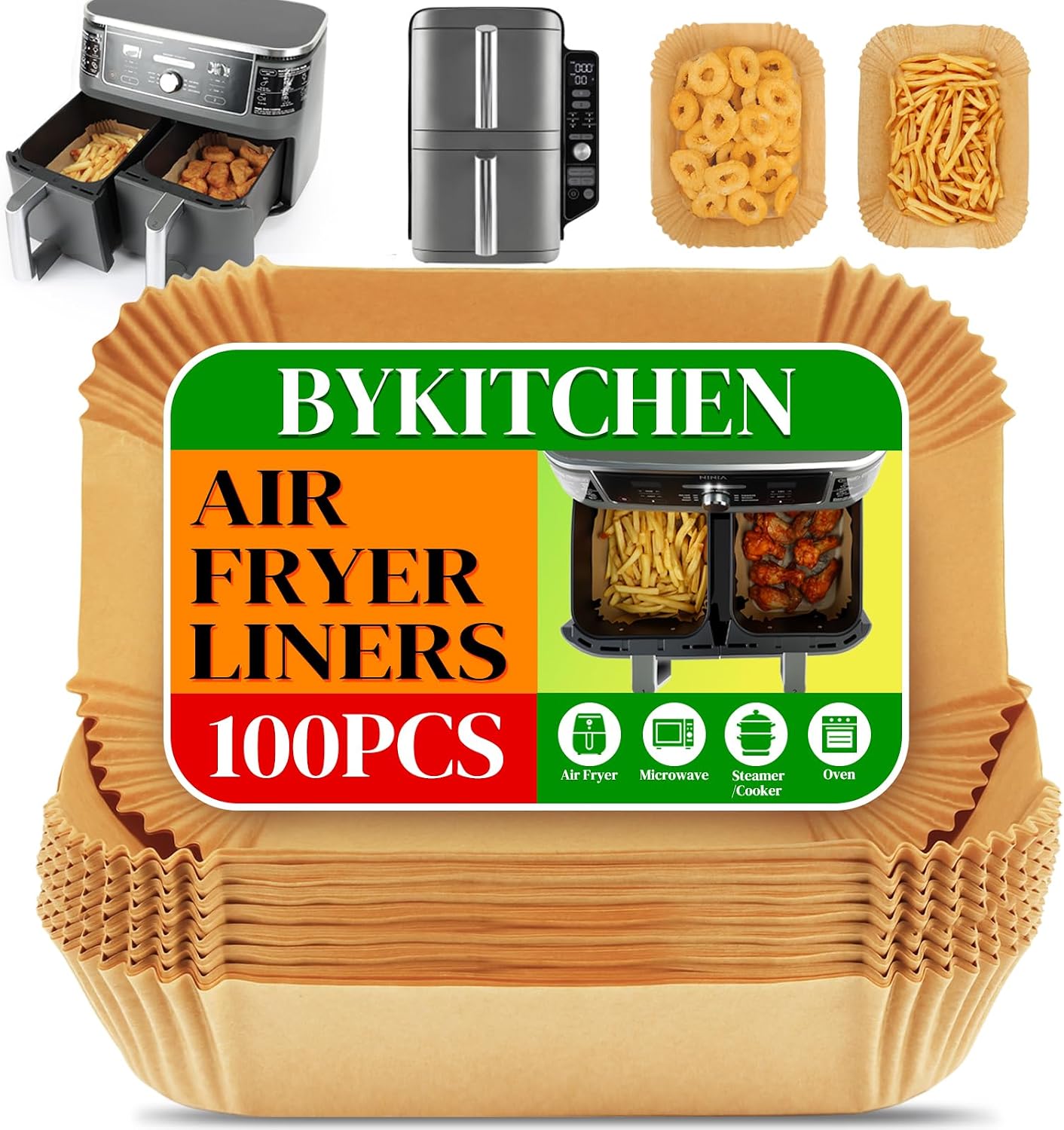 BYKITCHEN 100pcs Air Fryer Liners for Ninja Dual, Air Fryer AF300UK AF400UK Accessories, Disposable Parchment Paper Liner, Compatible with Ninja, Salter, Tower and Other Dual Zone Air Fryer