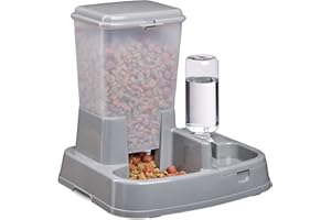 Relaxdays Distributeur d’Eau et de croquettes, Duo Automatique pour Chiens & Chats, Bouteille, 4 L, Plastique, Gris