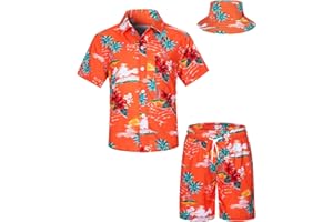 TUNEVUSE Little and Big Boys Hawaiian Shirt and Short Set, Summer Printed Kids Cabina Set with Hats