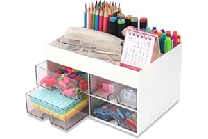 KAHEIGN Organizzatore da Scrivania con 4 Cassetti, 19CM x 14CM Organizer da Scrivania Multifunzionale Portapenne di Grande Capacità Organizzatore di Trucchi per Ufficio Scuola Casa Tavolo (Bianco)