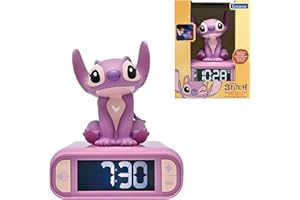 Lexibook, Disney Stitch, Reloj Despertador con luz Nocturna Angel, Sonidos y melodías, Pantalla LCD retroiluminada, Luminoso, Snooze, Rosa, RL800D1LXB