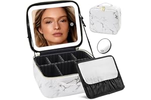 HMGGOOFA Travel Makeup Bag with Mirror and Lights, Makeup Case with Lighted Mirror 3 Color Lights, Travel Cosmetic Case Makeup Organizer Bag with Adjustable Dividers & Brushes Holder(Marble)