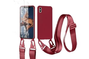 vrupin kompatibel mit iPhone X/XS Handykette Hülle,[2 Stück Schutzfolie 9H Härte Gehärtete Folie].Necklace Hülle Nylon Schultergurt Weich Flüssiges Silikon-rot