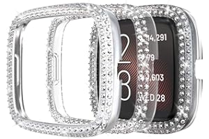 Miimall [2 Pezzi Compatibile con Fitbit Versa 2 Custodia, Strass Glitter Cover Cover Cover Protettiva Antiurto Antigraffio Bling Cornice Protettiva per Fitbit Versa 2 - Trasparente + Argento