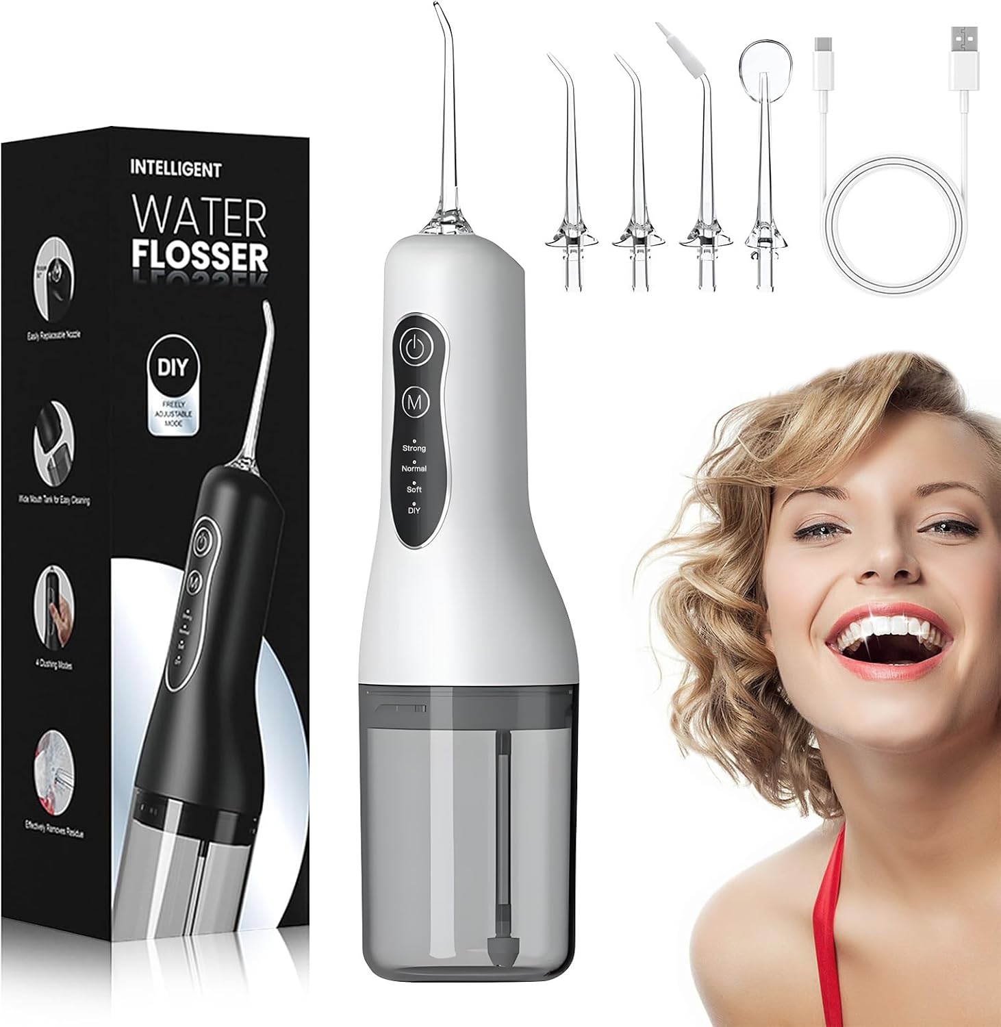 Irrigador Dental, Irrigador Bucal Portatil, 260ML Water Flosser Profesional, 4 Modos 5 Boquillas, Impermeable USB Recargable,20-140 PSI para Limpieza Dientes,Para el Hogar y los Viajes,IPX7