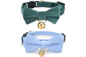 YUDOTE Ultraweiches Halsband, natürlicher Baumwollkord, hergestellt für Katzen mit empfindlicher Haut, Sicherheits-Kätzchen-Halsbänder mit Schnellverschluss-Schnalle und Abnehmbarer Fliege, Blau,Grün