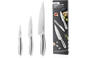 hecef Set de couteaux de cuisine professionnels, Lot de 3 Couteaux (20cm Chef, 13cm Universel, 9cm Office) en acier inoxydable avec Protection de Lame, poignée creuse, Facile à Nettoyer, Argent