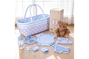 BABESIDE Reborn Dolls Accessories - Bassinet,Bear Doll，Feeding and Caring Set fit 17-22 Inch Reborn Doll Clothes Boy(9 Pcs)