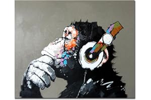 Fokenzary Handgemaltes Ölgemälde auf Leinwand Pop Art Putziger Schimpanse hört Musik mit Kopfhörer mit Rahmen Fertig zum Aufhängen 24x32in