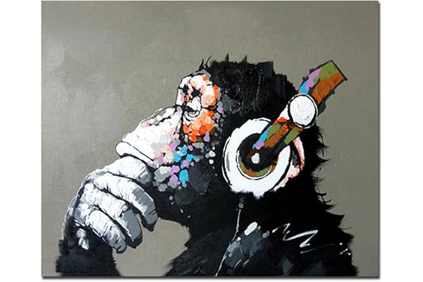 Fokenzary Peinture à l'huile sur toile peinte à la main représentant un singe écoutant de la musique avec un écouteur prêt à accrocher 20x24in
