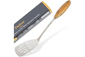 Deiss PRO Metal Spatula with Wooden Handle — Slotted Turner for BBQ — Perfect for Grilling, Scraping, Turning Meat, Mixing Scrambled Eggs, Flipping Burgers - Comfortable Bamboo Handle