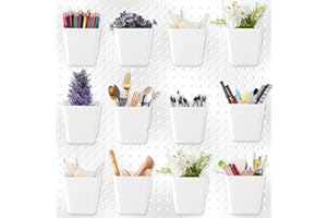 TESSCO FOR YOU Tessco 12 Sets Pegboard Cups with Pegboard Hooks Loops Large Pegboard Bins White Pegboard Wall Organizer Peg Board Containers Square Box Shape Pegboard Cup Holder for Garage Office Workshop Workbench