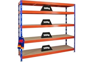 PROREGAL Étagère Charge Lourde Rhino | HxLxP 180x200x60cm | 5 Niveaux en aggloméré 8mm | 500kg par Niveau | Bleu/Orange | Étagère de Garage étagère de Rangement Stockage rayonnage