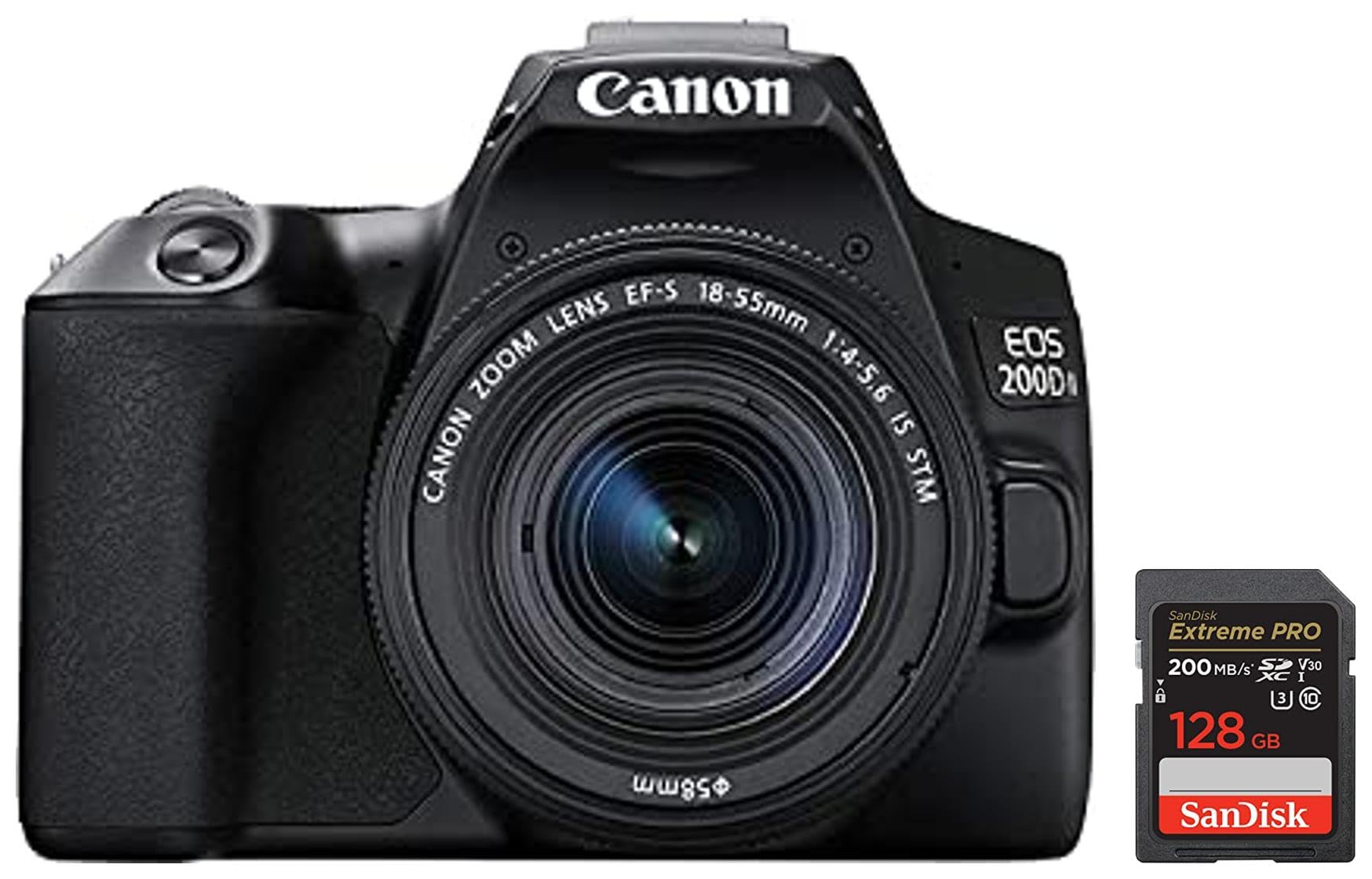 Canon EOS 200D II 24.1MP Digital SLR Camera + EF-S 18-55mm f4 is STM Lens (Black) & SanDisk Extreme Pro SD UHS I 128GB Card f