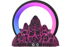 AVEKI Sunrise Wake-up Alarm with Flame Mountain, APP Control Intelligent Atmosphere Lamp with 256 Light Effects, 15W Wireless Charger/Bluetooth Speaker/FM Radio/LED Night Light for Bedrooms