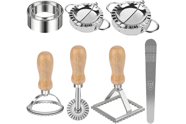 8 stycken Ravioli-formarset, rostfritt stål dumpling & Empanadas Maker med ravioli-skärare, deghjul och ravioliform – multifunktionellt verktyg för ravioli, dumplings, degväskor, kökstillbehör