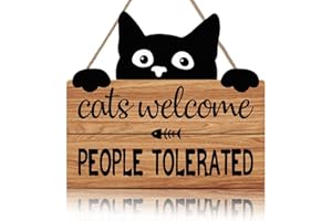 TOARTi Black Cat Welcome Wood Plaque - Pet Lover Sign with Cats Welcome, People Tolerated