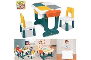 JNGLGO Set da tavolo per bambini con 2 sedie, tavolo attività per bambini con 300 blocchi di costruzione, multifunzione per bambini mattoni da costruzione tavolo