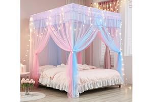 Mengersi Rainbow Bed Canopy with Lights Bed Canopy for Girls Bed Curtains Net Bedroom Decoration Accessories California King