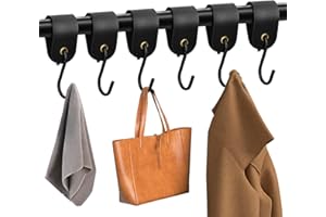 VNFSMY S Haken Schwarz mit Lederschlaufe 6 Stück Haken Garderobenhaken Kleiderhaken Metallhaken Edelstahl-S-Haken Leder-Schwarz Fleischerhaken Zum Einhängen für Küche Bad Schlafzimmer Garderobe und Camping