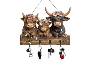 UOAESR 2D Highland Cow Ornaments Key Holder, Highland Cattle Ornaments, Bullhead Animal Wooden Towel Key Hooks Coat Hanger with 4 Hooks, Decorative Rack for Entryway Hallway Highland Cow Lovers Gifts (1pcs)
