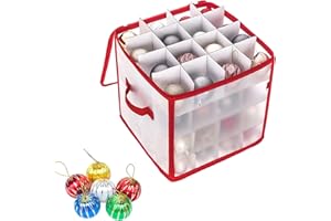 POMUROM Christmas Tree Bauble and Decoration Storage Cube Bag Holder with Dividers for 64 Christmas Ornaments, Space Saving Christmas Tree Bauble Decoration Storage Box with Separators, Zipped Lid and Handles