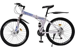 CuCummoo Bicicletta pieghevole da 26" Premium Mountain Bike Blu Bianco Combinazione di colori 21 Speed Men Women Downhill Bike Dual Disc Brake City Altri viaggi