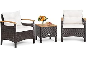 GIANTEX Rattan Balkonmöbel Set 2 Personen, 3 TLG. Rattan Gartensitzgruppe Lounge Set mit Kissen cremeweiß, Gartenmöbel Set 2 Sessel mit Tisch, Gartengarnitur Sitzgruppe Gartenlounge Set