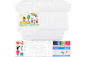Tigvio 12 Stück Lätzchen zum Bemalen, Babybody zum Bemalen für Babyparty, Lätzchen Bemalen mit 12 Baby Body (38 * 21 cm) + 14 Bunte Textilstift + 5 Schablonen für Babyparty Spiele Babyshower Geschenk