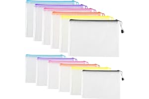 JIUJUDA9 12 Pcs A4 A5 Plastic Zip Wallets, Document Folders, Mesh Zipper Bags, Waterproof Zip Plastic Wallets, Zip Lock Bags for Travel Home Office Supplies Craft Projects(6 Colors)