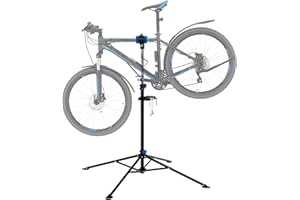 ECD Germany Soporte de Reparación de Bicicletas de Acero Caballete Giratorio 360° Altura Ajustable 105-185cm para E-Bike hasta 50 kg Base de Trípode 4 Patas con Bandeja de Herramientas Magnética