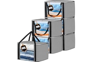 KURNI Storage Bags Clothes 6 Pack Grey, Large Moving Boxes With Top Lid 90L Capacity, 3 Sided Zipper Storage Box. Dust/Mites & Moisture Proof 60 x 43 x 35cm