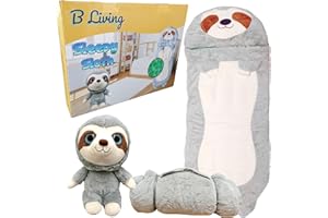 B LIVING Kids Sleeping Bag With Pillow - Large Sleeping Bag For Children With Cute Plush Toy. Sloth Animal Sleeping Bags For Kids, Foldable Cosy Nappers For Sleepover, Happy Napping For Boys And For Girls.