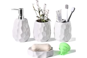 BWSZROSA Badezimmer-Zubehör-Set, 4-teiliges Badezimmer-Zubehör-Set, Lotion-Seifenspender, Seifenschale, Zahnbürstenhalter, Zahnputzbecher, Badezimmer-Organizer für Moderne Badezimmer (Weiß)