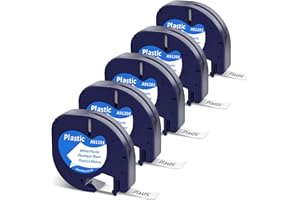 Unistar Ruban Compatible pour Dymo Letratag 91201 S0721610 Ruban Plastique 12mm x 4m Noir sur Blanc Etiquettes Compatible pour Dymo LetraTag LT-100H LT-100T LT-110T Plus, 5 Paquet