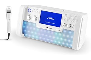 auna DiscoFever - Equipo Karaoke 2 microfonos Bluetooth, Altavoz Karaoke con Microfono dinámico, Entrada AUX, USB, Eco y Balance, programable, Función repetición, Leds, Soporte Tablet, Blanco