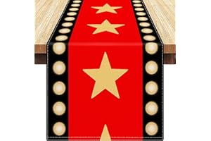 INHOBBOK Runner da Tavolo per La Serata Cinema Lino Rosso Tema Cinematografico con Motivo a Stella Dorata Decorazione per Il Tappeto Rosso Della Serata Cinema per La Festa Di Compleanno Di Natale 33x183cm