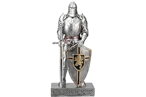 HDMbigmi King's Guard Knight with Shield Desktop Accessories Statue Medieval Knight Ornament Paperweight for Office and Home Top Collection as Gift 12.60 Inch (Silver)