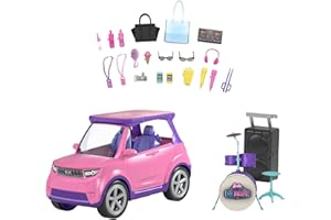 Barbie: Big City, Big Dreams Transforming Vehicle Playset, Pink 2-Seater SUV Reveals Stage, Drum Set & Concert-Themed Accessories, Gift for 3 to 7 Year Olds, GYJ25