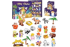 KOUAMOR Calendario de Adviento de 2025 con bloques de construcción de belén, calendario de cuenta regresiva de Navidad de 24 días con 24 juguetes de bloques de construcción, calendario temático de belén